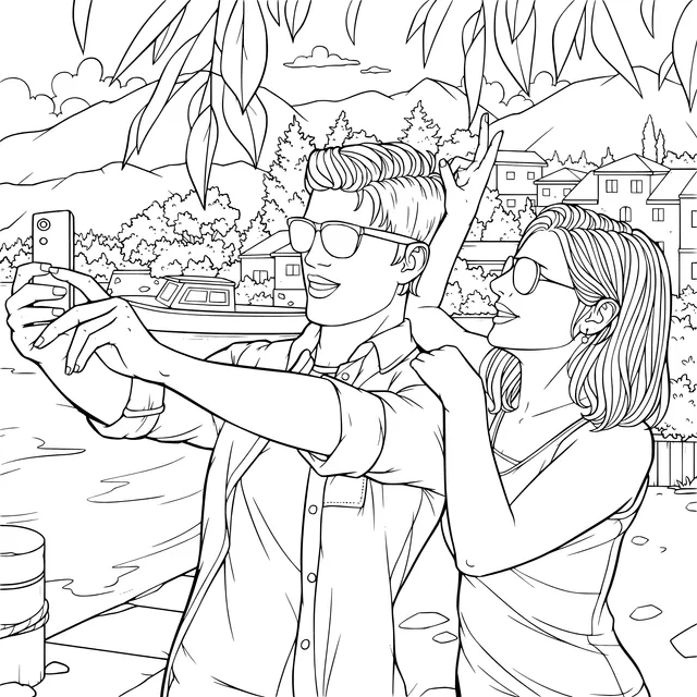 Couple taking a selfie in a scenic spot
