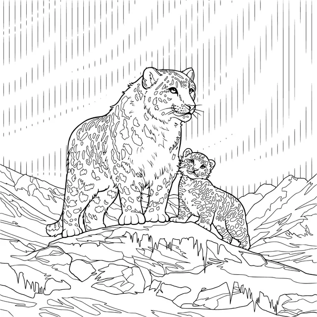 Snow Leopard Mother and Cub under the Northern Lights