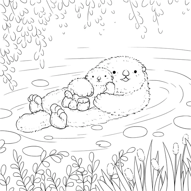 Mother and baby otters resting in the water