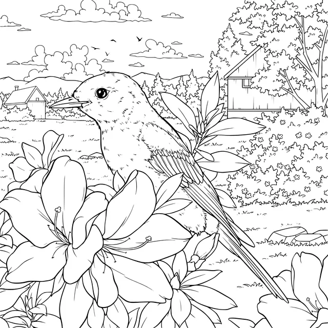 Bird among Flowers and Rural Scenery