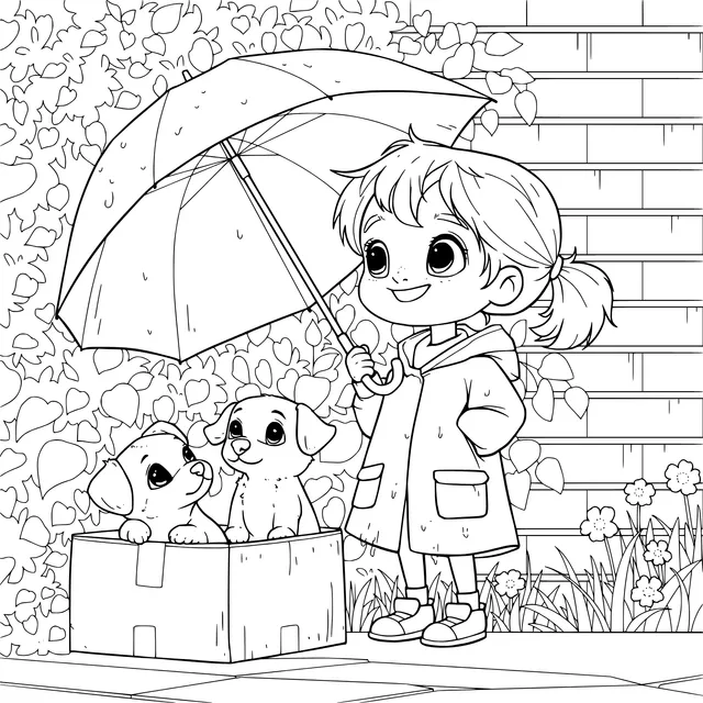 Girl and Puppies in the Rain
