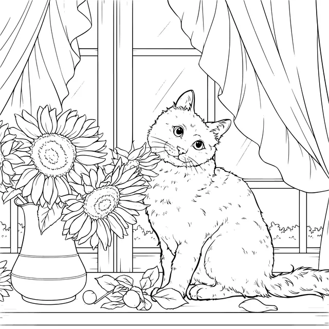 Cat and Sunflowers by the Window