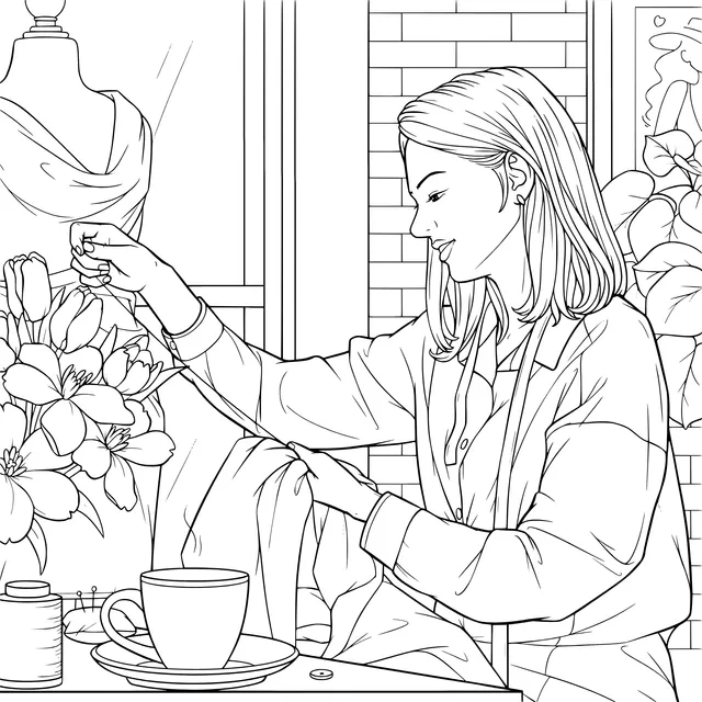 Woman Focused on Sewing