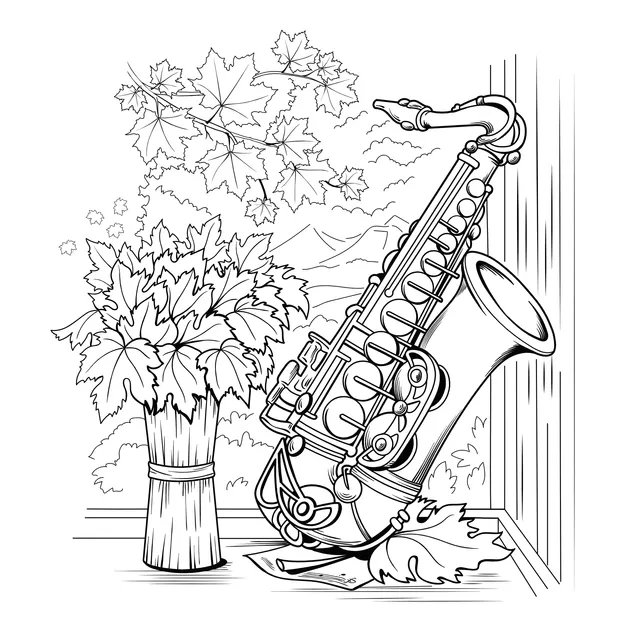 Saxophone and Autumn Leaves by the Window