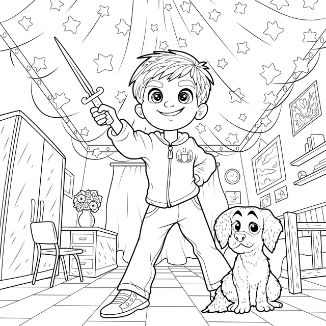 Boy with Sword and Puppy
