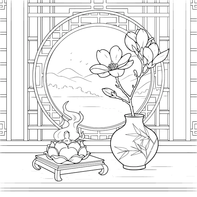 Elegant Scene in Front of a Chinese - style Window