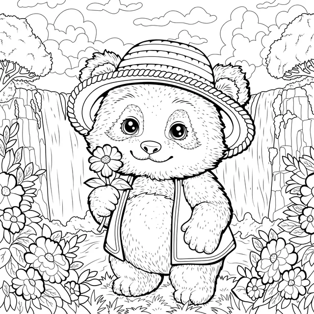 Cute Panda Wearing a Hat and Holding a Flower