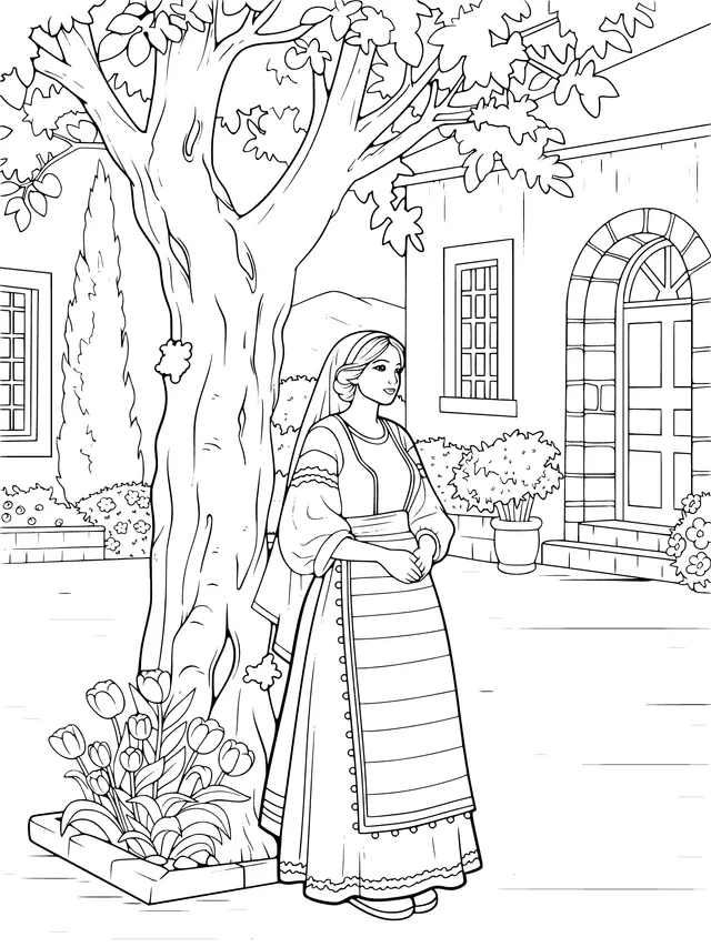 Woman in Traditional Costume under the Tree