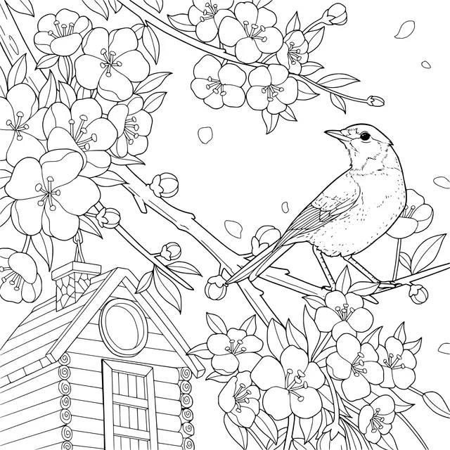 Bird on a Flower - laden Branch