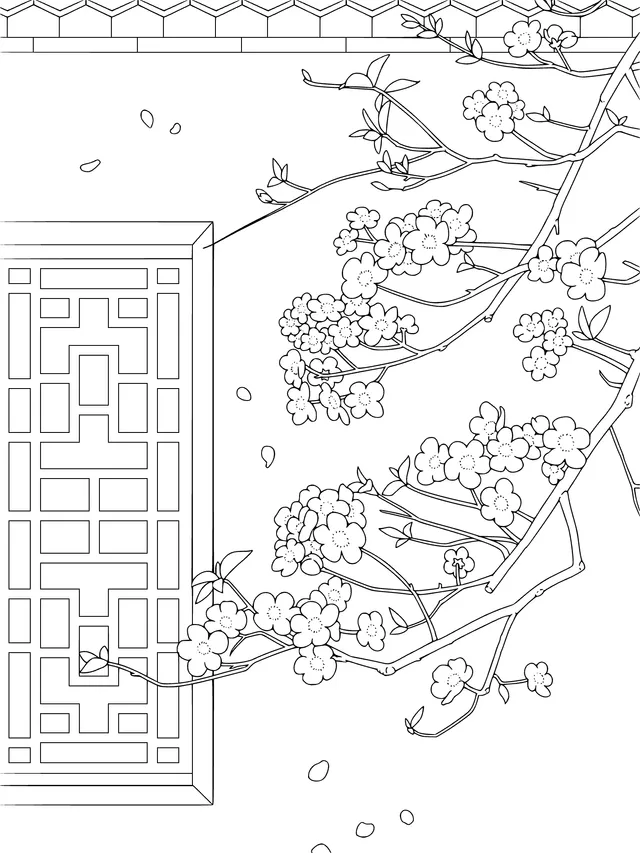 Chinese - style Window View and Blooming Flowers