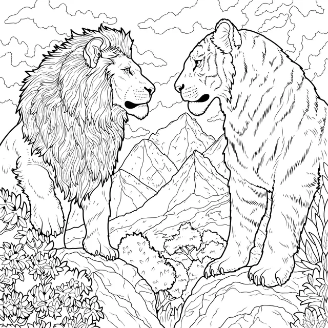 Lion and Tiger Facing Each Other