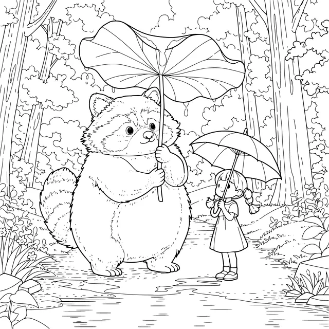 A Little Girl's Rainy - day Adventure with a Raccoon