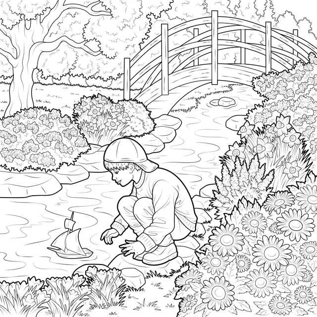 Teenager Playing with a Paper Boat by the Stream