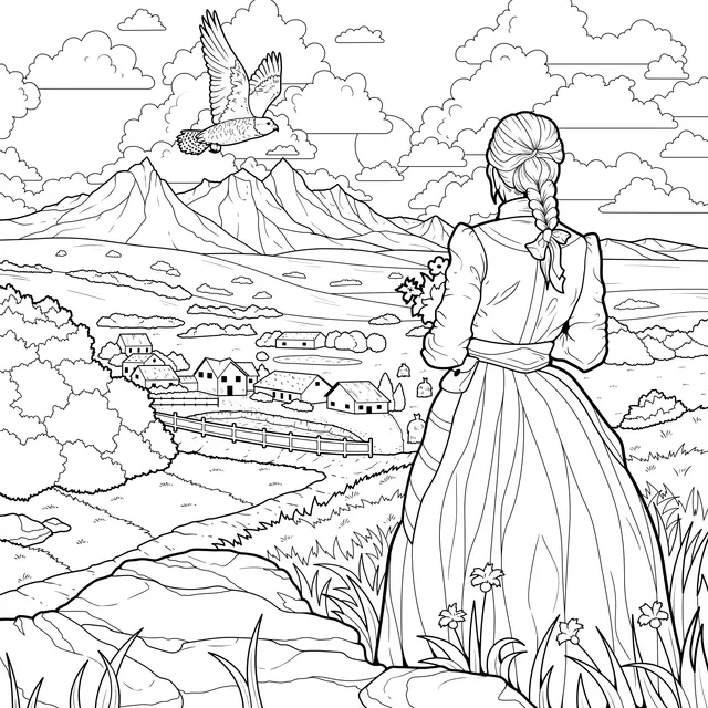 Woman Gazing into the Distance in a Rural Scene