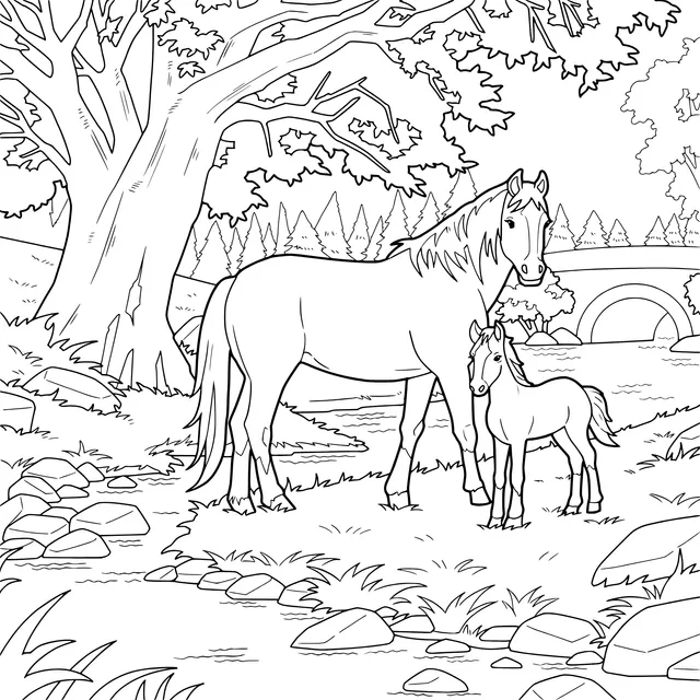 Mother - foal by the riverside