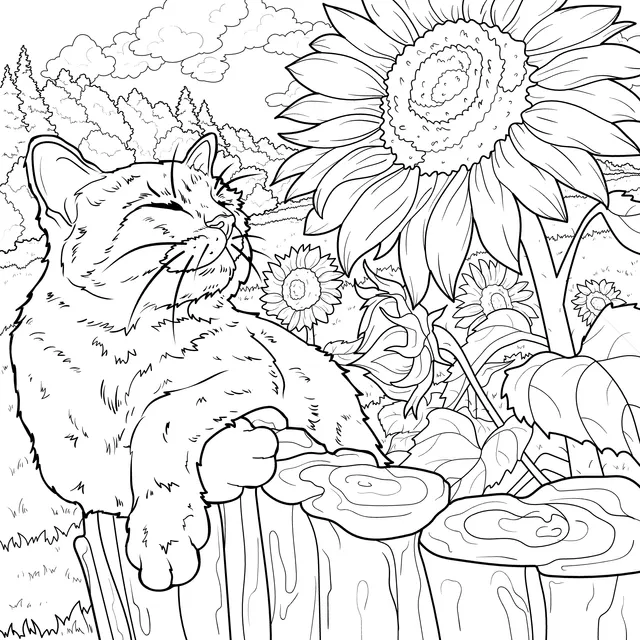 Contented Cat and Sunflowers