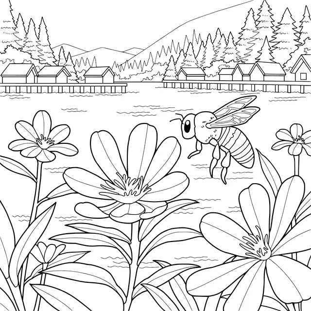 Beautiful Scenery of Bee and Flowers by the Lake