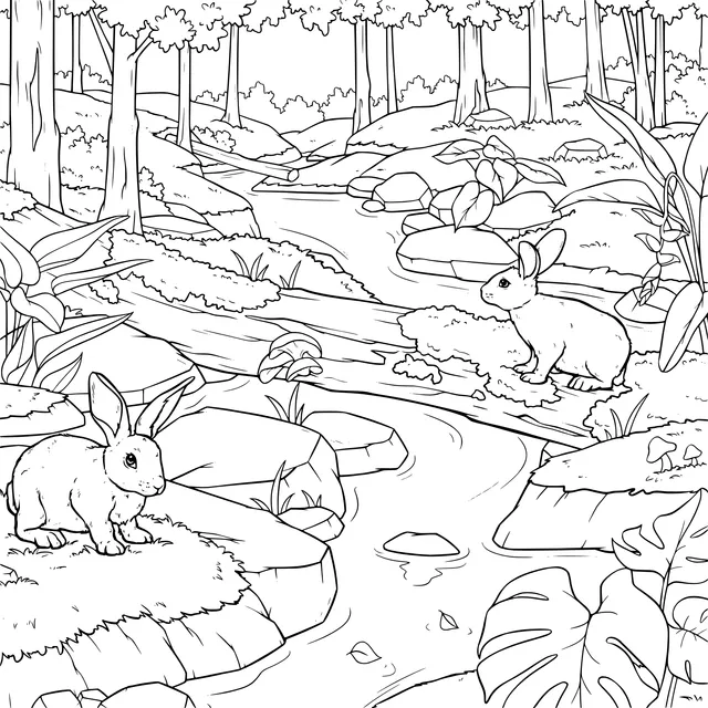 Rabbits by the Forest Stream