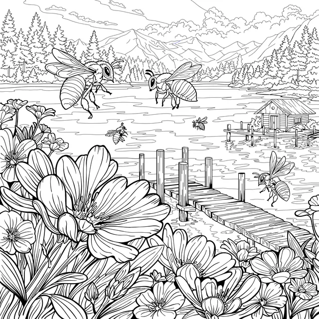 Bees and Flowers by the Lake