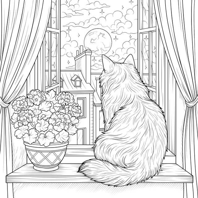Cat Looking at the Moon by the Window