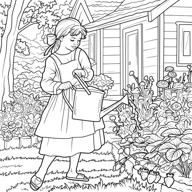 Girl Watering Flowers Scene