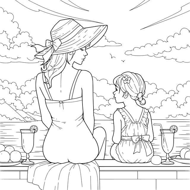 Warm Moment of Mother and Daughter by the Sea