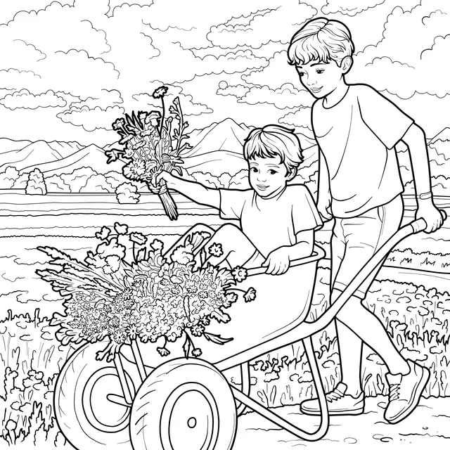 Brothers in the Countryside with a Wheelbarrow