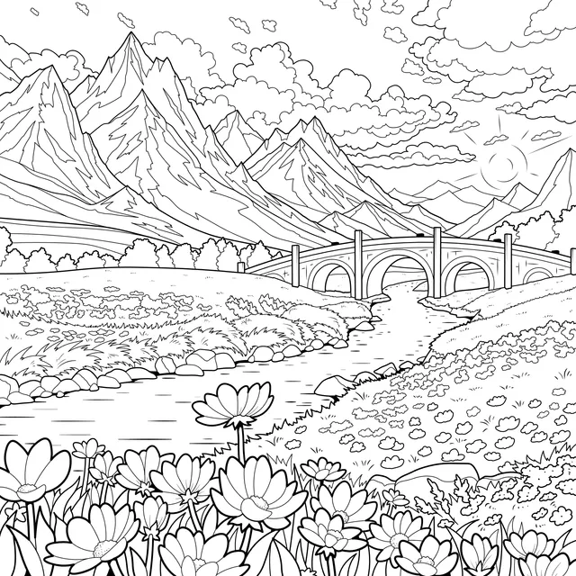 Dreamy Mountain and Flower Landscape