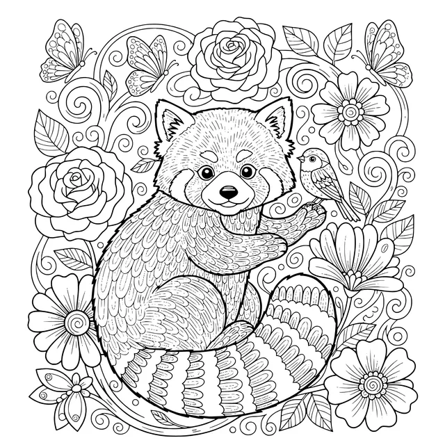 Red Panda with Flowers and Birds