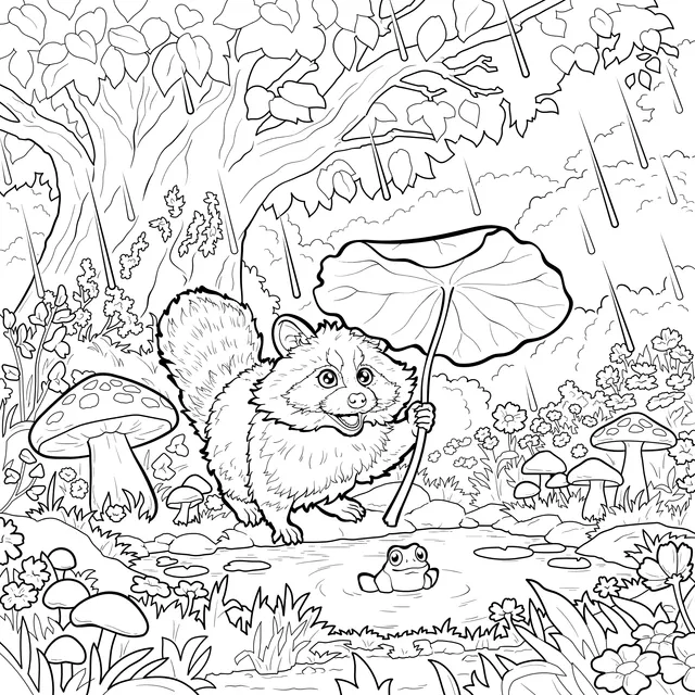 Raccoon and Frog in the Rain