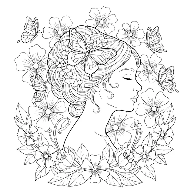 Woman Surrounded by Flowers and Butterflies