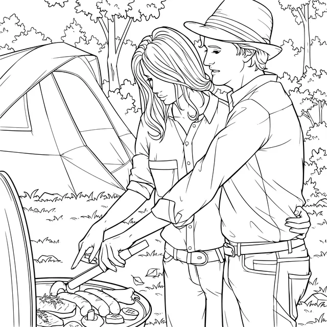 Couple Grilling Meat During Outdoor Camping