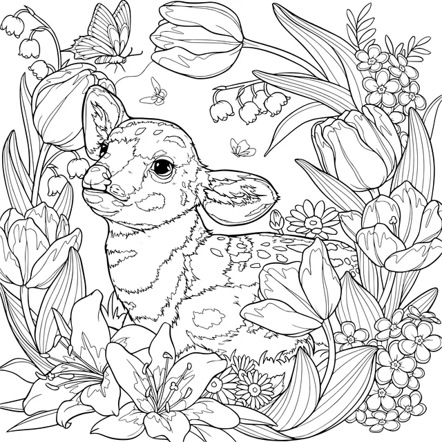 Little Deer and Blooming Flowers