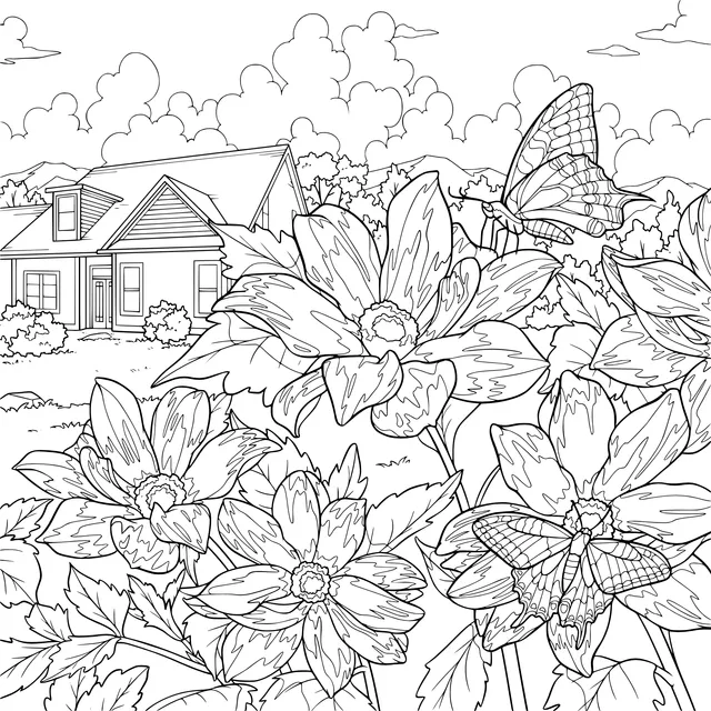 Home amidst Flower - filled Garden and Butterflies