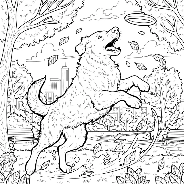 Dog Playing Frisbee in Autumn Park