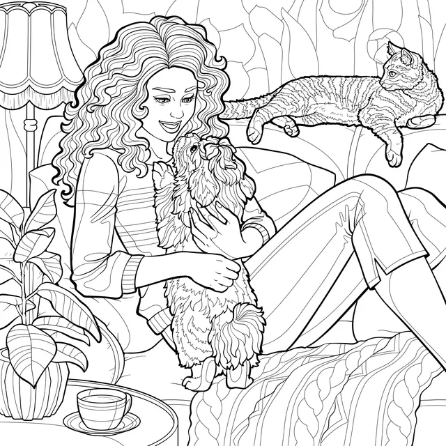 Warm Moments of a Woman and Her Pets