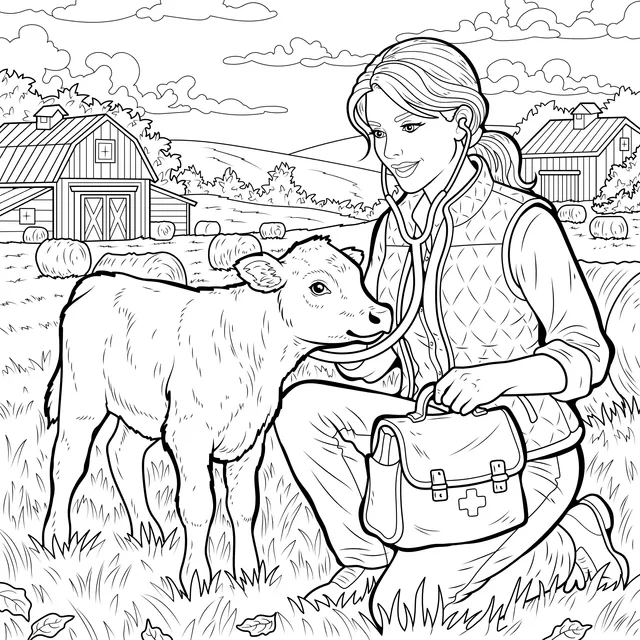 Veterinarian and Calf on the Farm