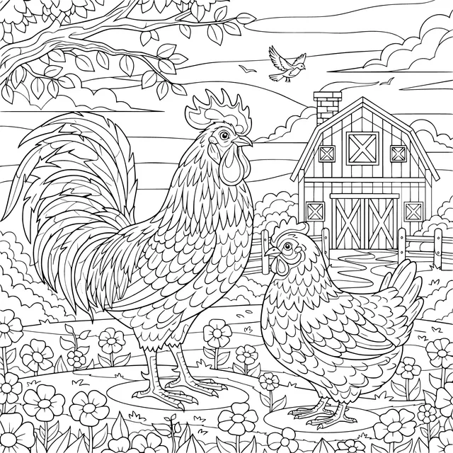Rooster and Hen in the Countryside
