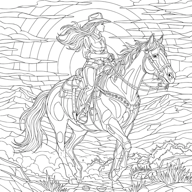 Woman Riding a Horse under the Sunset