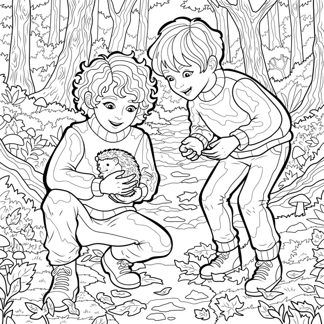 Children and Hedgehog in the Forest