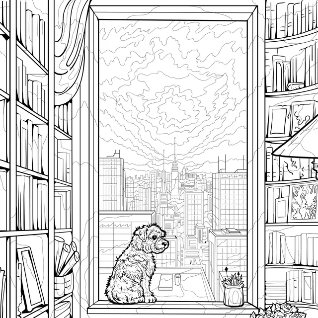 Dog by the Window and Cityscape