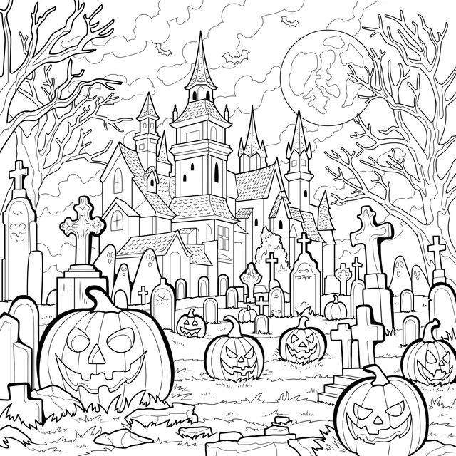 Halloween Castle and Graveyard Scene