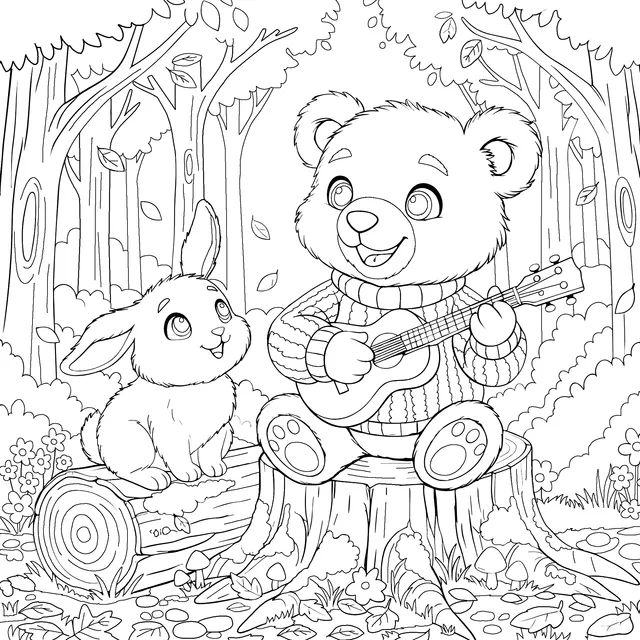 Coloring Page Of A Bear And A Rabbit In The Autumn Forest Enjoy 