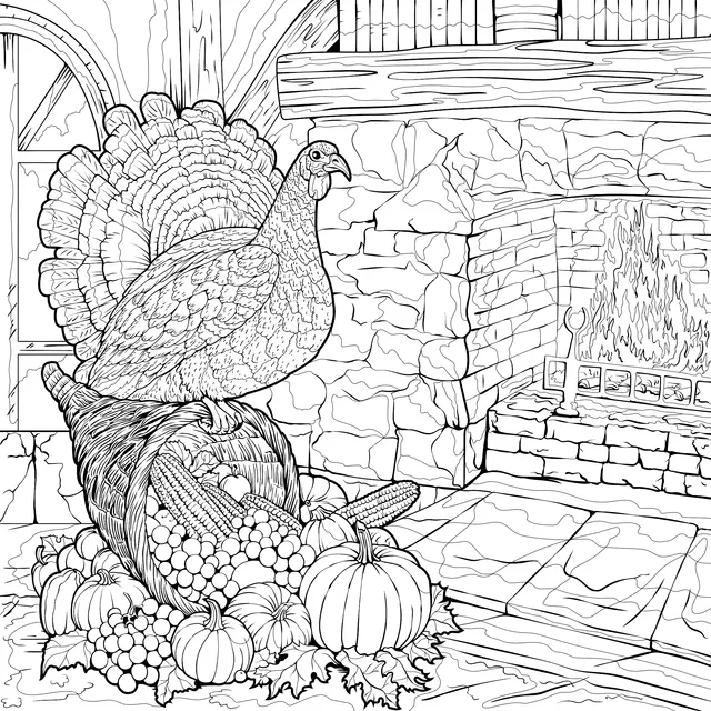 Cozy Indoor Scene with Turkey and Harvest
