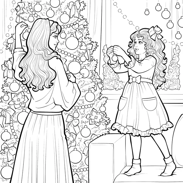 Mother - daughter Decorating a Christmas Tree