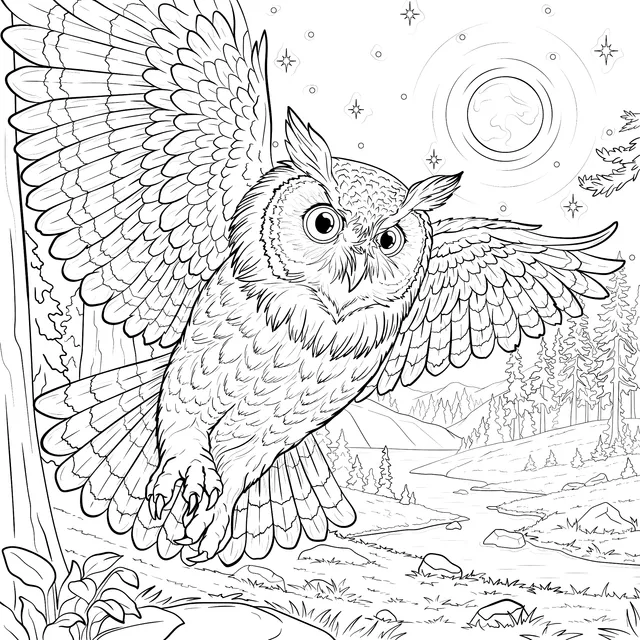 Owl Flying in the Moon - lit Night