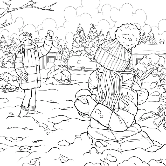 Girls Playing in the Snow in Winter