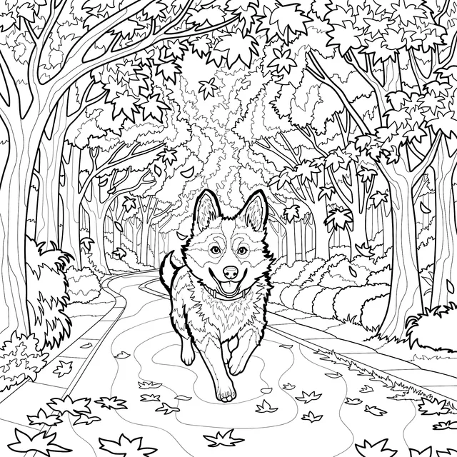 Corgi Running in an Autumn Forest