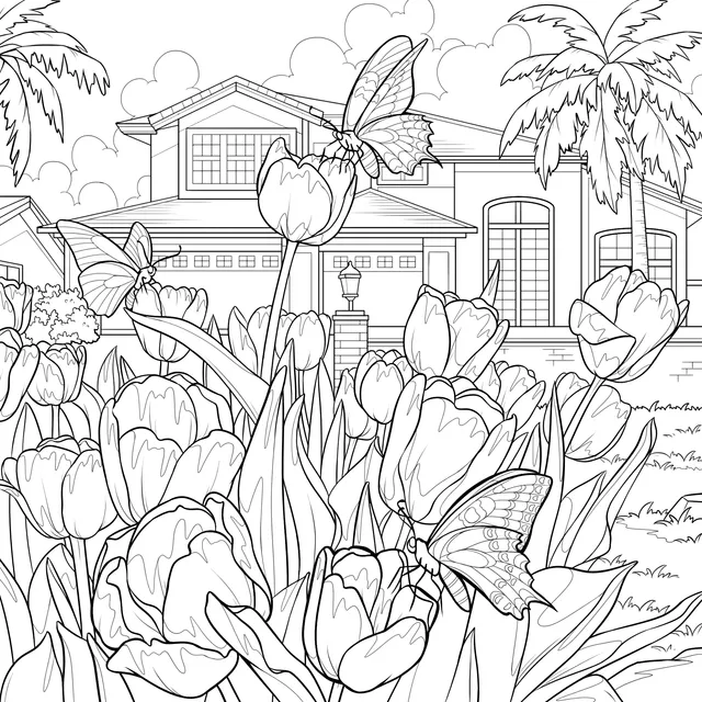 Colorful Tulips and Butterflies Scene