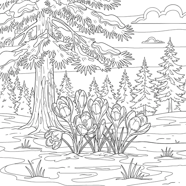 Crocuses in the Snowy Forest